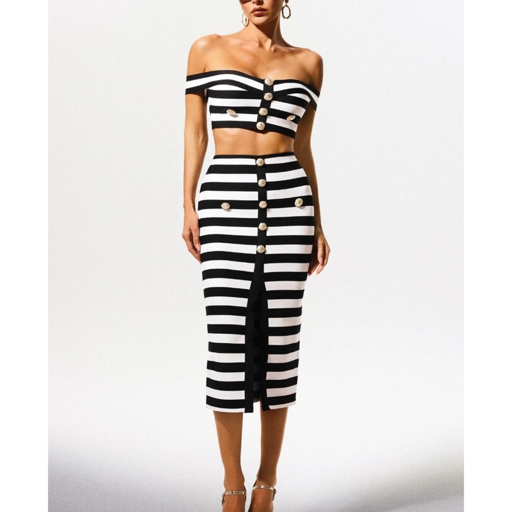 Black and White Midi Pencil Skirt with Slit